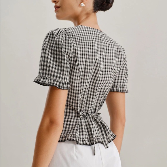 Rihoas Black Plaid V Neck Ruffle Blouse - Picture 3 of 9